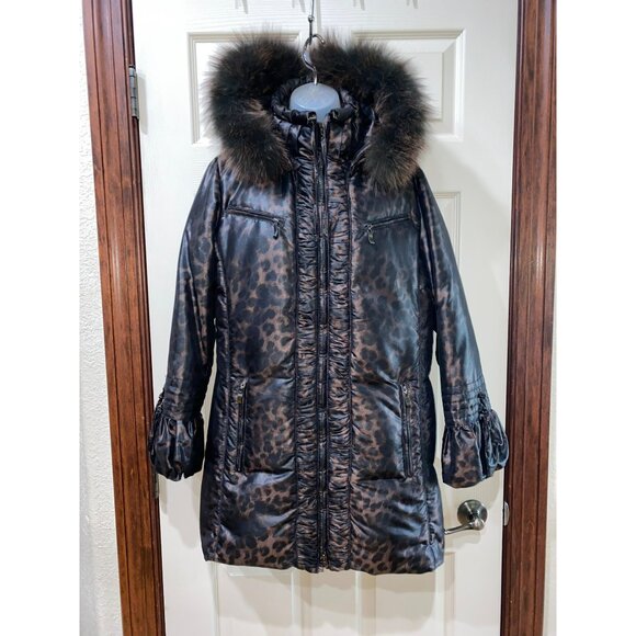 Marcona Vintage Womens Leopard Print Puffer Coat With Faux Fur Trim Hood Size M - Picture 10 of 12